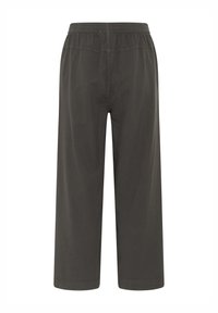 Pantalons larges gris foncé en coton doux. Caractéristiques d'une taille élastique et d'une texture lisse. Coupe droite sans accents visibles.