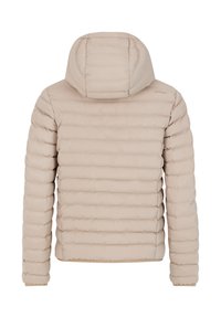 Light beige quilted puffer jacket with hood, long sleeves, and horizontal stitching shown from the back.