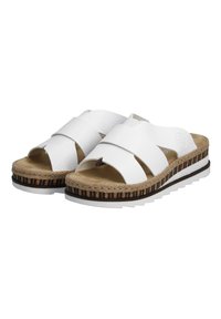 Sandales ouvertes blanches en matériau texturé, avec un design à double sangle, une semelle intermédiaire semblable à du liège et un détail de bord rayé.
