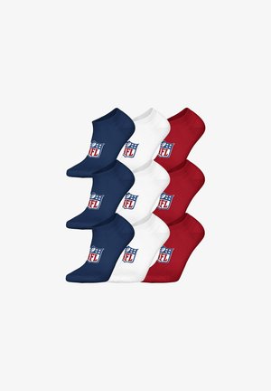 Neun Knöchelsocken in Marineblau, Weiß und Rot, jeweils mit dem NFL-Logo an der oberen Vorderseite.