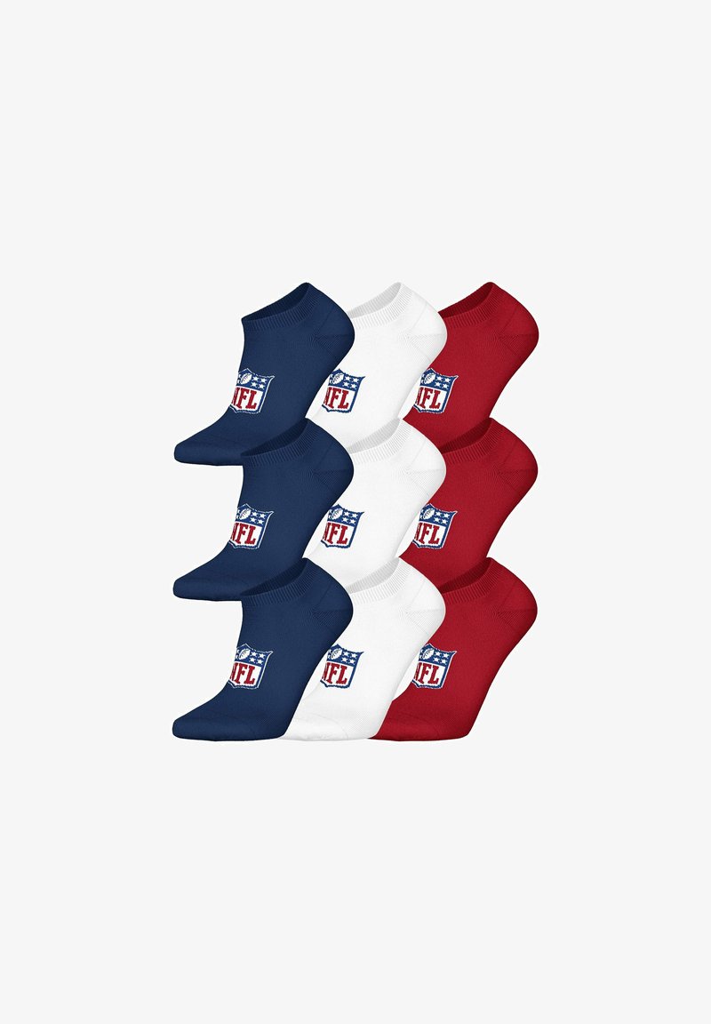 Nove calzini alla caviglia in blu navy, bianco e rosso, ciascuno con il logo NFL sulla parte superiore davanti.