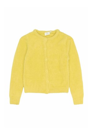 Žltý sveter vyrobený z mäkkej, textúrovanej tkaniny. Má okrúhly výstrih, predné gombíky a rebrované manžety a lem.