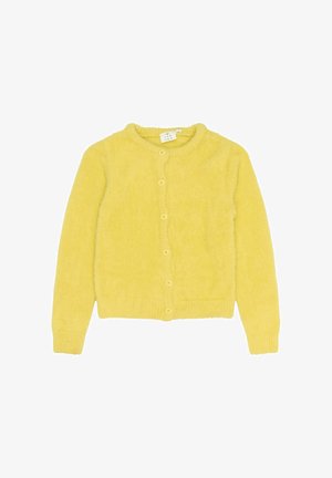 Gelbes Cardigan aus weichem, strukturiertem Stoff. Hat einen runden Halsausschnitt, Knöpfe auf der Vorderseite und gerippte Bündchen sowie einen gerippten Saum.