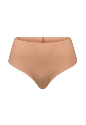 Beige hochtaillierte Unterhose aus glattem Material, mit nahtlosem Design und einem dezenten Bündchen für Komfort und eine schlanke Optik.