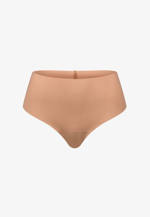 Beige hochtaillierte Unterhose aus glattem Material, mit nahtlosem Design und einem dezenten Bündchen für Komfort und eine schlanke Optik.