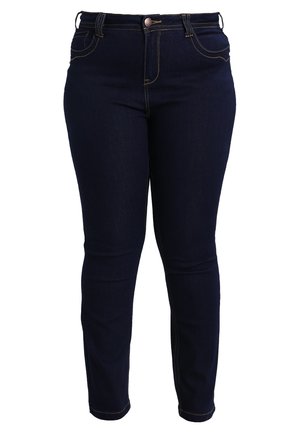 Dunkelblaue Skinny Jeans aus Denim mit hoher Taille, versehen mit dezenten goldenen Nähten und fünf Taschen, einschließlich einer kleinen Münztasche.