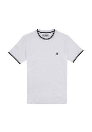 Weißes Baumwoll-T-Shirt mit schwarzem geripptem Halsausschnitt und Ärmelbündchen. Mit kleinem Pinguin-Logo auf der linken Brust. Lässiger Schnitt.
