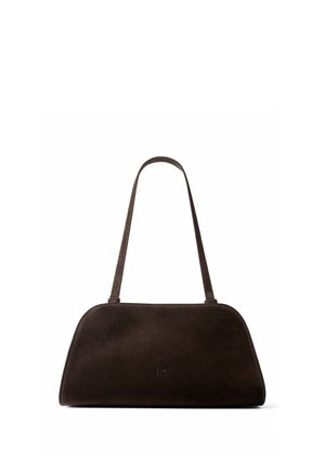 Dunkelbraune Wildleder-Schultertasche mit einem einzelnen Riemen und einem dezenten "L37"-Logo, das vorne in der Mitte eingeprägt ist.