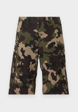 Men's knee-length cargo shorts with green, brown, and beige camouflage pattern, featuring multiple pockets and a button closure.