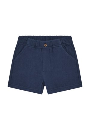 Marineblauwe shorts gemaakt van een zachte stof, voorzien van een elastische tailleband, twee steekzakken aan de voorkant en een enkele knoopsluiting.