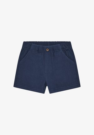 Pantaloncini blu navy realizzati in un tessuto morbido, con una cintura elastica, due tasche frontali e una chiusura con un solo bottone.