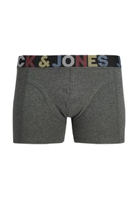 Boxers grises con una cinturilla elástica negra que presenta un texto de rayas multicolores que dice "Jack & Jones." Textura de tela suave.