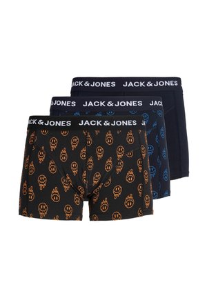 Three pairs of Jack & Jones boxer briefs with branded waistbands, one black with orange flame skulls, one black with blue flame skulls, and one plain black.