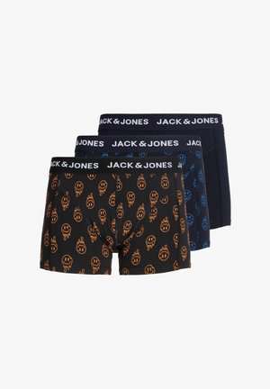 Tre par Jack & Jones bokser briefs med mærkede taljer, én sort med orange flamme kranier, én sort med blå flamme kranier, og én helt sort.