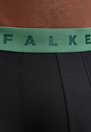 Black boxer briefs with a textured green elastic waistband featuring the brand name "FALKE" in darker green letters.