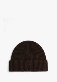 Dark brown ribbed knitted beanie hat, featuring a folded cuff and a soft texture, designed for warmth and comfort.