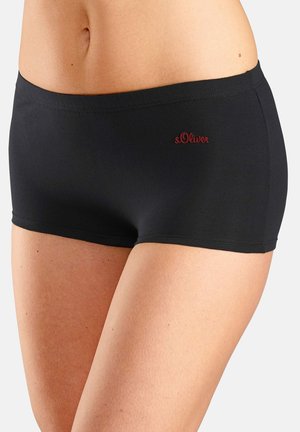 Black cotton blend boyshorts featuring an elastic waistband and a small red s.Oliver logo on the left thigh. Smooth texture and fitted design.