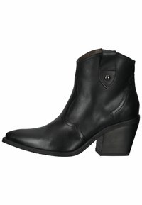 Stivale alla caviglia in pelle nera con punta affusolata, cuciture sottili, cerniera laterale e tacco grosso. Texture liscia, senza motivi o accessori visibili.