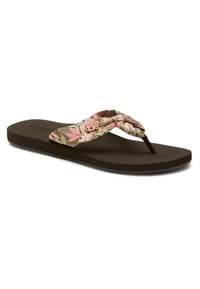 Flip-flop, jossa on kukkakuvioinen tekstiilivöni vaaleanpunaisissa ja vihreissä sävyissä, tummanruskea kumipohja ja metallinen "ROXY"-logo.