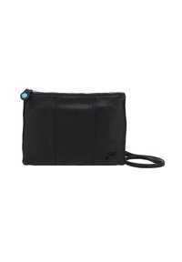 Borsa a tracolla in pelle nera con superficie texturizzata, chiusura con zip e un accento turchese sul tirante della zip. Dettaglio del logo impresso.