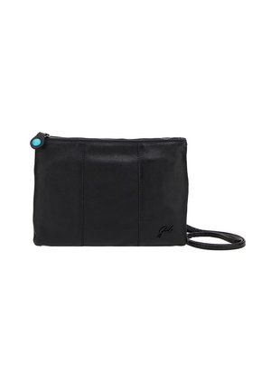 Borsa a tracolla in pelle nera con superficie texturizzata, chiusura con zip e un accento turchese sul tirante della zip. Dettaglio del logo impresso.