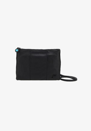 Borsa a tracolla in pelle nera con superficie texturizzata, chiusura con zip e un accento turchese sul tirante della zip. Dettaglio del logo impresso.