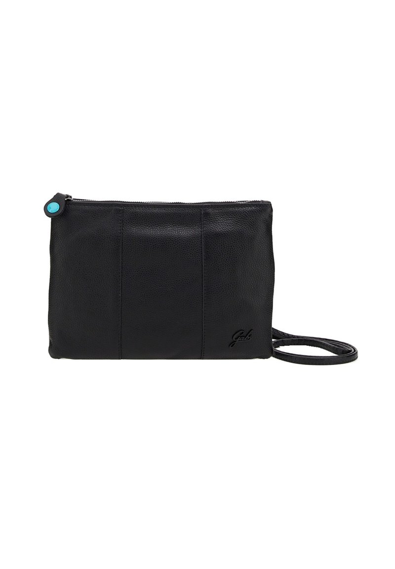 Borsa a tracolla in pelle nera con superficie texturizzata, chiusura con zip e un accento turchese sul tirante della zip. Dettaglio del logo impresso.