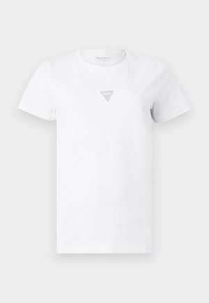 T-shirt bianca a maniche corte con scollo rotondo, con piccolo logo triangolare di strass argento al centro del petto.