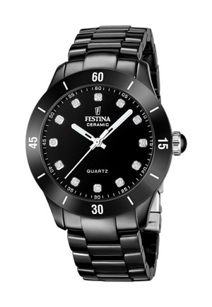 Orologio da polso Festina in ceramica nera con movimento al quarzo, indicatori delle ore in diamante, lancette color argento e cinturino a maglie in metallo nero.