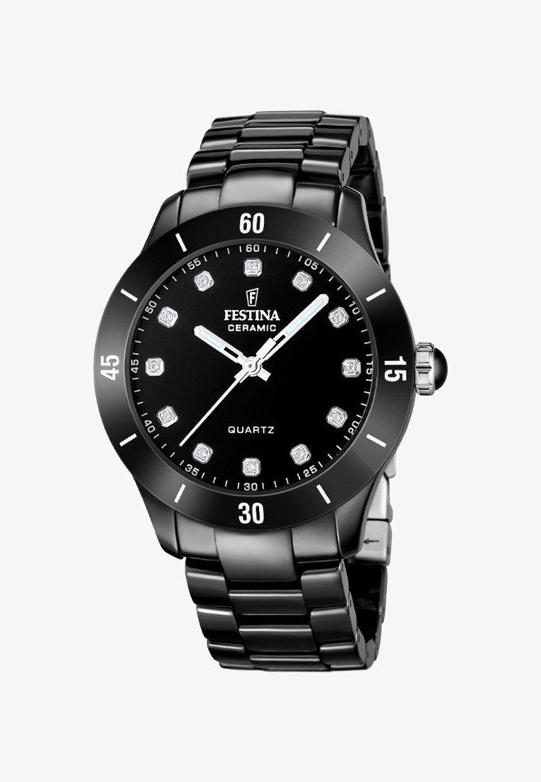 Orologio da polso Festina in ceramica nera con movimento al quarzo, indicatori delle ore in diamante, lancette color argento e cinturino a maglie in metallo nero.