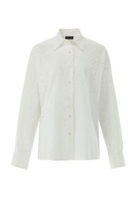 Weiße Damenbluse mit gestickten Blumenmustern, langen Ärmeln, einem Kragen und einer vorderen Knopfverschluss mit perlenähnlichen Knöpfen.