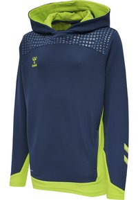 Marineblaue Kapuzenjacke mit limettengrünen Akzenten, die einen strukturierten oberen Abschnitt mit Punkten und drei Streifen an den Ärmeln aufweist.