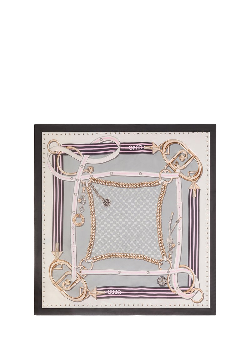Pañuelo cuadrado de seda con un patrón de cadenas en gris y blanco, acentuado con detalles de color dorado y bordes a rayas en rosa y púrpura.