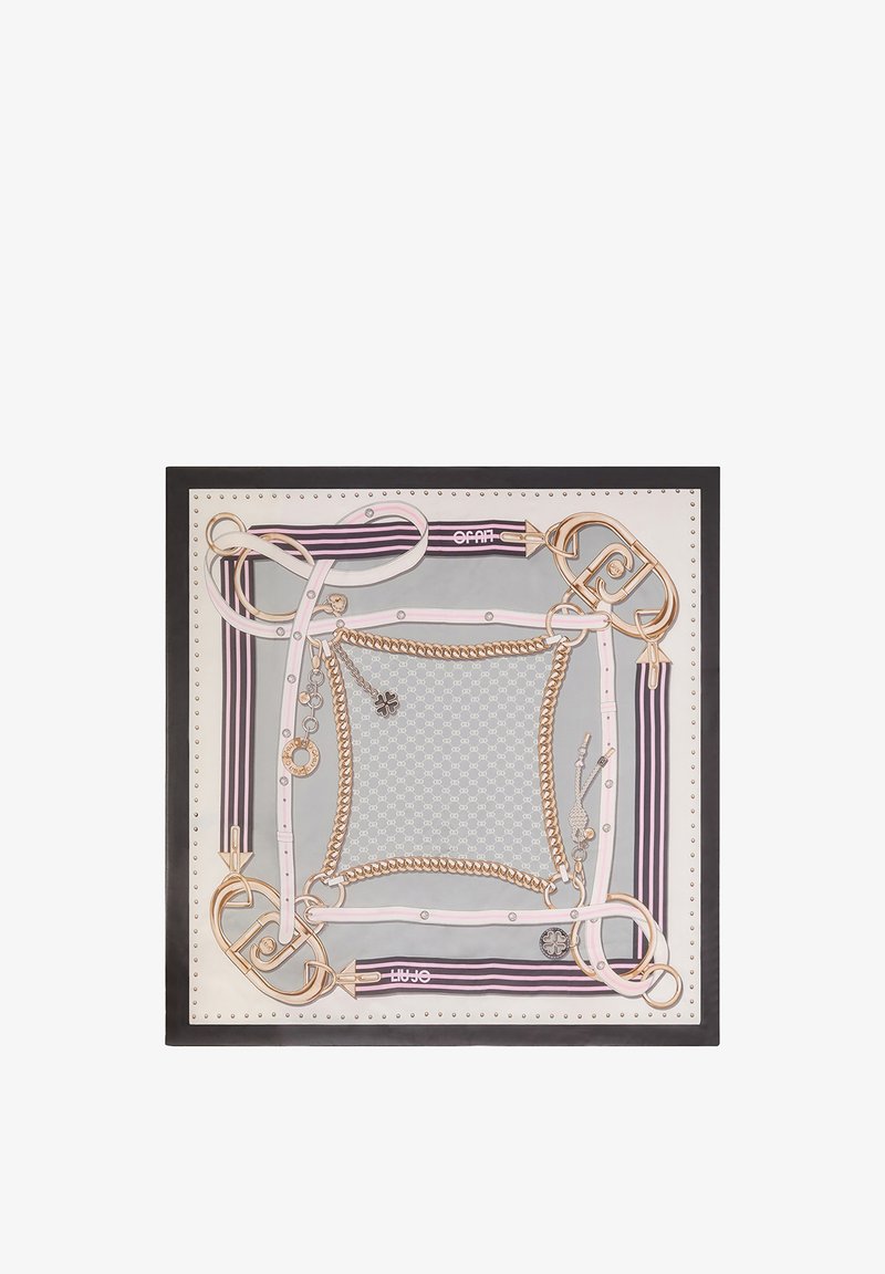 Foulard quadrato in seta con un motivo a catena grigio e bianco, accentuato da hardware color oro e bordi striati in rosa e viola.