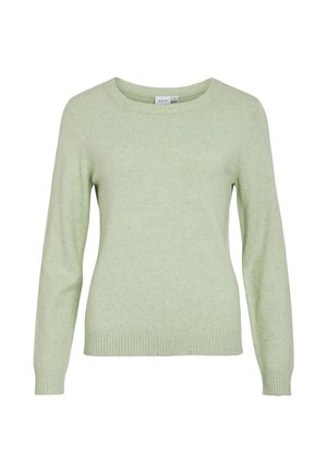 Svetlo zelena dolgorokavska pletena majica z okroglim izrezom, rebrastimi manšetami in robom, prikazana na belem ozadju.