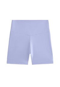 Shorts de sport lavandă deschisă, confecționați dintr-un material neted și elastic. Au un tiv înalt și un design elegant, ajustat.
