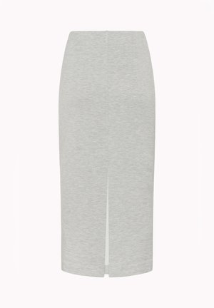 Siva oprijeta svinčnikasta krilo z zadnjim razporkom, gladke teksture, midi dolžine in brezšivne zasnove. Primerno za različne priložnostne in formalne priložnosti.