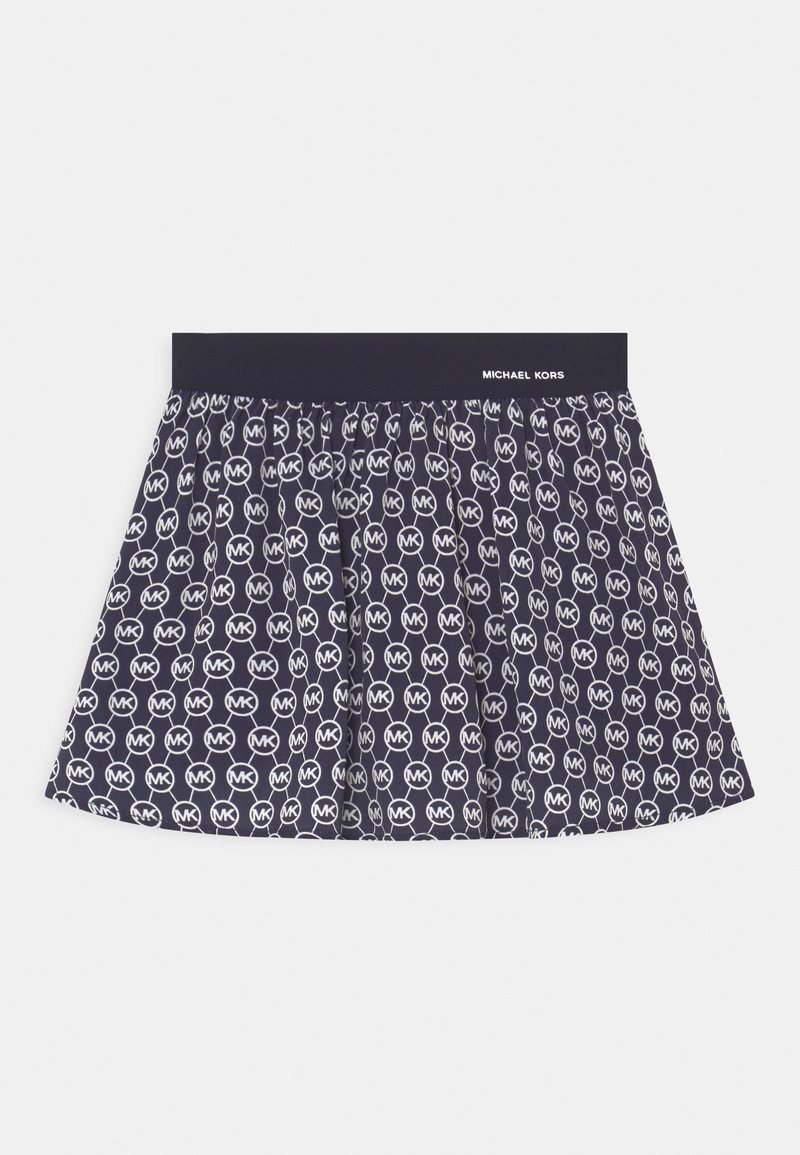 Boxer bleu marine avec un motif répétitif de logos MK blancs et une ceinture unie portant le nom de la marque Michael Kors en blanc.