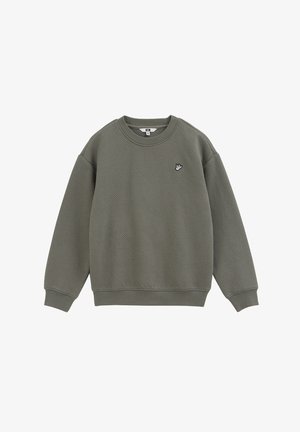 Sweat-shirt manches longues à col rond vert olive avec un motif carré subtil et un petit logo oiseau sur la poitrine gauche.