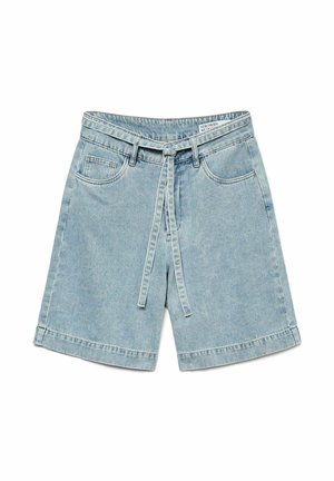 Heled sinine denim lühikesed püksid lõdva lõikega, reguleeritava paelvöödiga ja nelja taskuga. Omab peent pleekimist ja servade töödeldud ääri.