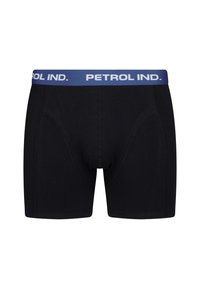 Svarta boxershorts med blå elastisk midjeband med texten "PETROL IND." Slät textur, åtsittande form och detaljer med kontrasterande sömmar.