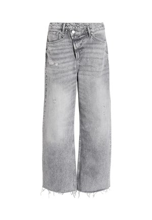 High-waisted wide-leg jeans in light gray denim, featuring distressed accents and a raw hem. Two front pockets and a button closure.