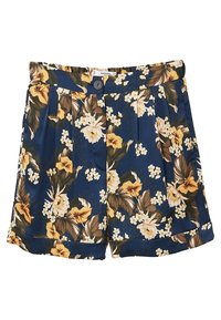 Keskisiniset shortsit, joissa on keltainen ja valkoinen trooppinen kukkakuosi, napin suljenta ja taitetut lahkeet.