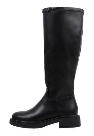 Bota negra de cuero hasta la rodilla con tacón bajo de bloque y puntera redonda, con costuras limpias a lo largo del borde superior y la suela.