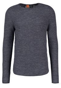 Dark blue, knitted long-sleeve sweater with a round neckline and textured fabric. No patterns or graphics are visible.