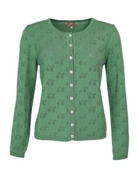 Grüner Strickcardigan mit langen Ärmeln, Rundhalsausschnitt und Knopfverschluss. Verfügt über ein dezentes Muster aus Kirschen und Rauten.