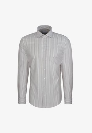 Chemise habillée pour homme à manches longues avec rayures verticales grises et blanches, devant et poignets boutonnés, présentée sur fond blanc.