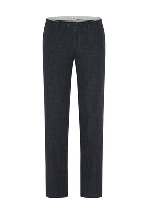 Dunkelblaue, strukturierte Herrenhose aus formellem Stoff mit Knopf- und Reißverschluss, Gürtelschlaufen und geradem Bein.