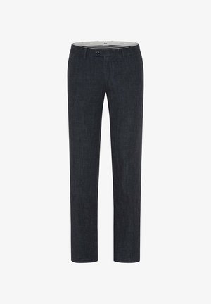 Mørkeblå teksturerede formelle bukser til mænd med knap- og lynlåslukning, bæltestropper og lige ben.