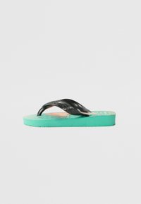 Black flip-flop with textured straps, green textured sole, and colorful patterned footbed. Features subtle branding on the strap.